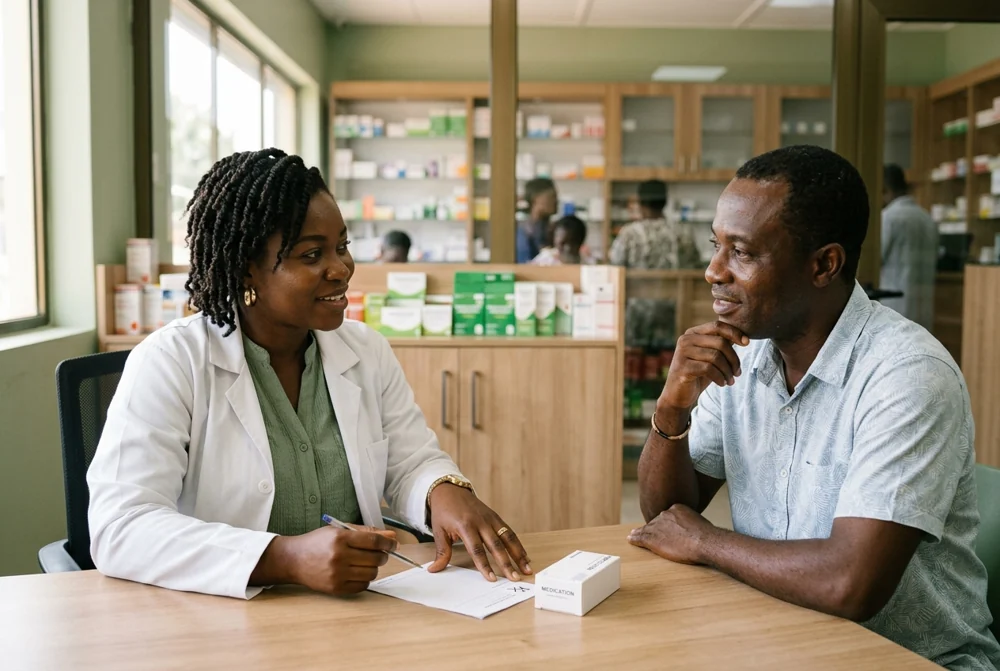 Illustrative pharmacist and patient reviewing a prescription together in a Ghanaian pharmacy consultation room