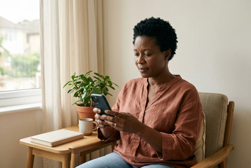 Illustrative Ghanaian patient using her phone at home between pharmacy visits; no patient information is displayed